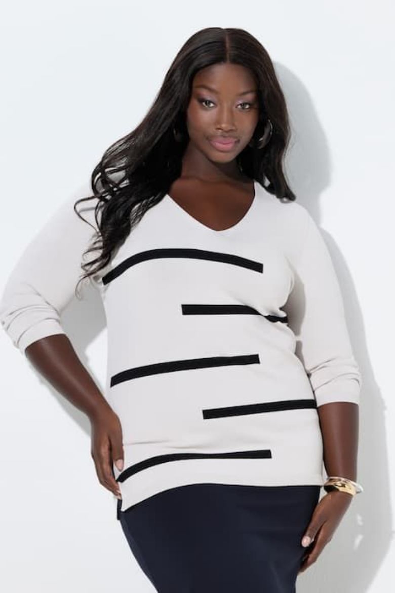 Moda za polnejše Pulover dugih rukava V ovratnika plus velikost, xxl, Ulla Popken in Johann Popken (JP1880)