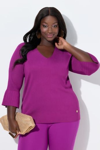 Moda za polnejše Pulover 3/4 rukava V ovratnika plus velikost, xxl, Ulla Popken in Johann Popken (JP1880)