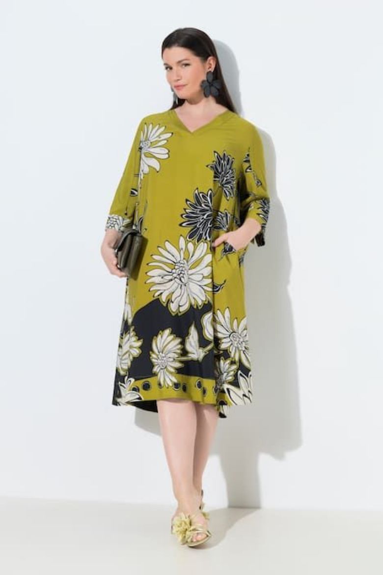 Moda za polnejše Haljina elegantna midi 3/4 rukavi V izrez cvjetni uzorak plus velikost, xxl, Ulla Popken in Johann Popken (JP1880)
