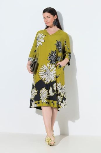 Moda za polnejše Haljina elegantna midi 3/4 rukavi V izrez cvjetni uzorak plus velikost, xxl, Ulla Popken in Johann Popken (JP1880)