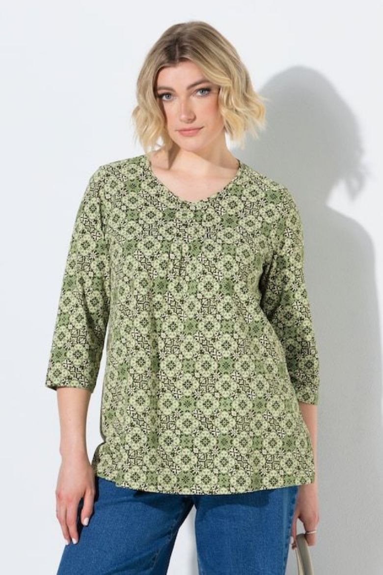 Moda za polnejše Majica 3/4 rukava A kroja V izreza s ukrasnim naborima plus velikost, xxl, Ulla Popken in Johann Popken (JP1880)